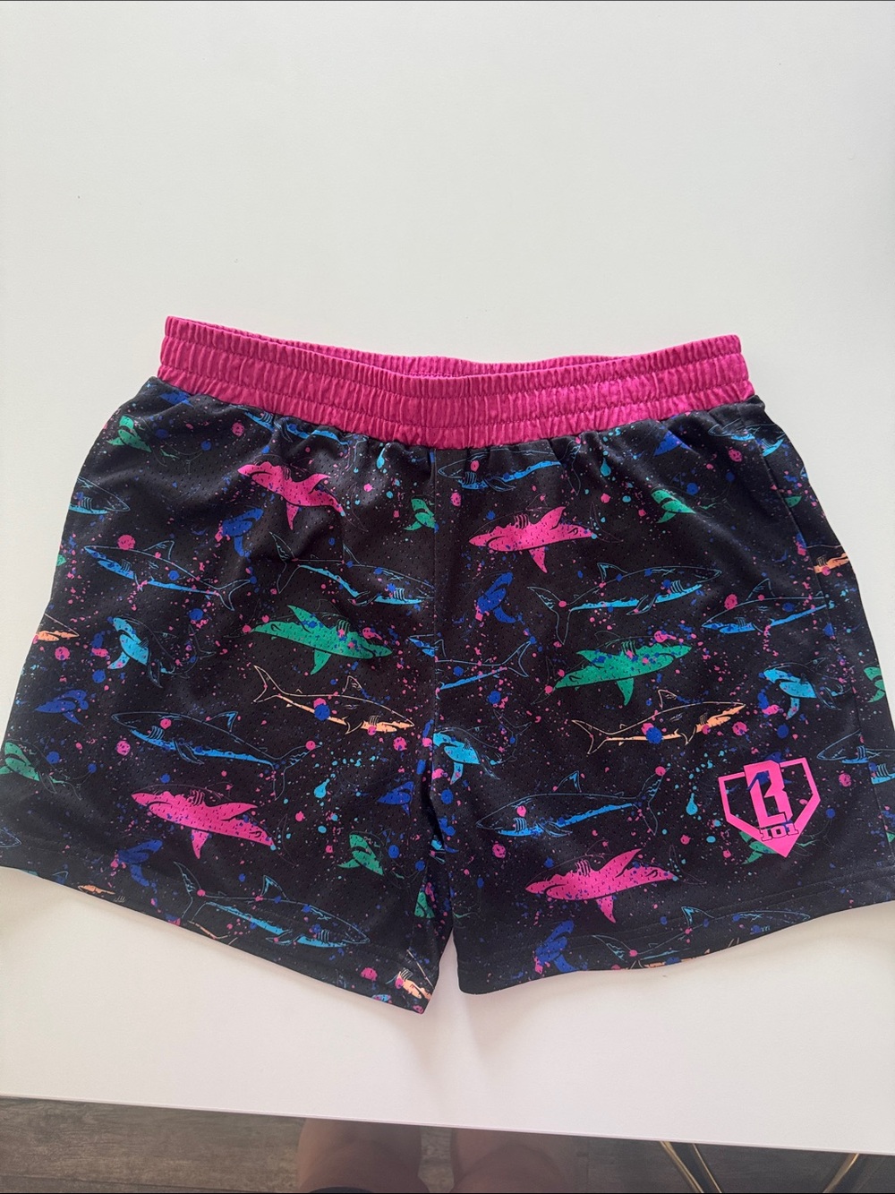 Bright Shark Print Swim Shorts with Pink Waistband